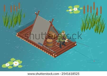 Isometric Travel down the river on a wooden raft. Fisherman catches fish, sits on a wooden raft. Rest and travel.