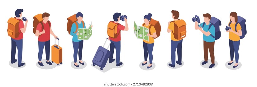 Isometric travel enthusiasts exploring with maps and cameras