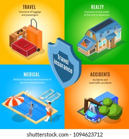 Isometric travel insurance service concept with protection from accidents on rest baggage realty and health insurance vector illustration