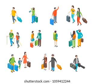 Isometric Travel People Characters Icon Set Isolated on a White Background . Vector illustration of Tourist with Luggage or Suitcase