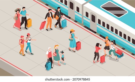 Isometric travel people composition with view of train station platform with walking passengers and train carriage vector illustration