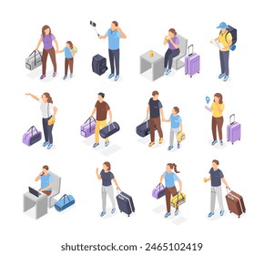 Isometric travel people. Men women with luggage, backpack and suitcases waiting transport. Passengers with coffee and bags, flawless vector set