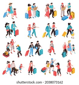 Isometric travel people set of isolated icons with human characters of tourists departing and arrived passengers vector illustration