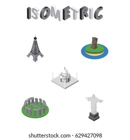 Isometric Travel Set Of Chile, Rio, Paris And Other Vector Objects. Also Includes Stonehenge, Taj, Tower Elements.
