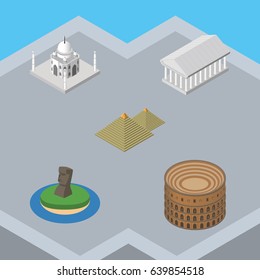 Isometric Travel Set Of Coliseum, India Mosque, Egypt And Other Vector Objects. Also Includes Museum, Taj, Egypt Elements.