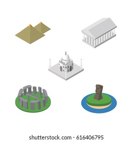 Isometric Travel Set Of Egypt, Chile, Athens And Other Vector Objects. 