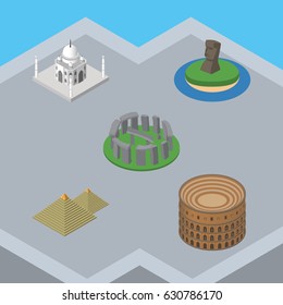Isometric Travel Set Of Egypt, Chile, India Mosque And Other Vector Objects. Also Includes England, MoAI, Monument Elements.