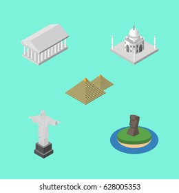 Isometric Travel Set Of Egypt, Rio, Chile And Other Vector Objects. Also Includes Acropolis, Egypt, Monument Elements.