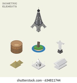 Isometric Travel Set Of India Mosque, Rio, Coliseum And Other Vector Objects. Also Includes Tower, Museum, Eiffel Elements.