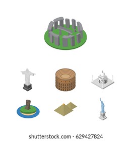 Isometric Travel Set Of New York, Egypt, Chile And Other Vector Objects. Also Includes MoAI, Mosque, Egypt Elements.