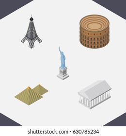 Isometric Travel Set Of New York, Egypt, Coliseum And Other Vector Objects. Also Includes Tower, America, Egypt Elements.