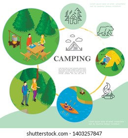 Isometric travel and tourism template with kayaking camping hiking tent forest bear campfire linear icons vector illustration