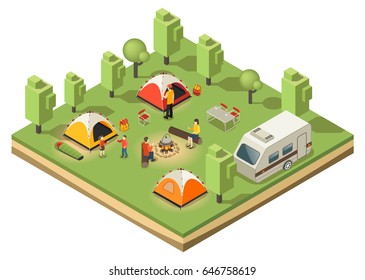 Isometric traveling camping concept with relaxing family tents food cooking trailer backpacks in forest isolated vector illustration