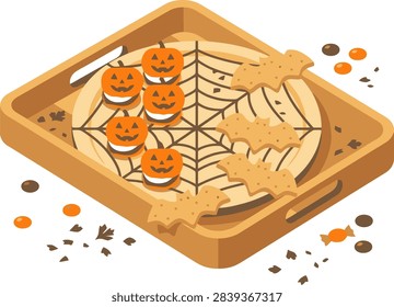 An isometric tray filled with spiderweb patterns, pumpkin treats, and bat snacks.