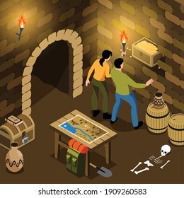 Isometric treasure hunt composition with view of underground tomb with pair of hunters holding treasure chest vector illustration