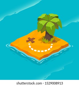 isometric treasure island with sea pattern. Vector cartoon illustration.Treasure map for computer games.