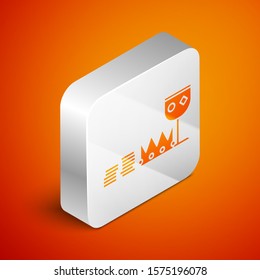 Isometric Treasure and riches icon isolated on orange background. Treasure, gold, coins, jewels, crown, gold cup. Silver square button. Vector Illustration
