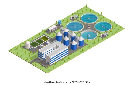 Isometrische Kläranlage. Abwasser- und Abwasserfiltration, Reinigung, Belüftung und Absetztanks. Vektoranlagen für Abwasserreinigungsanlagen mit Tanks, Rohren, Pumpen und Wassertürmen