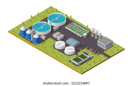 Isometric treatment plant, water sewage and wastewater filtration or purification system. Vector waste water treatment plant with tank reservoirs and pipes, 3d isometric facilities