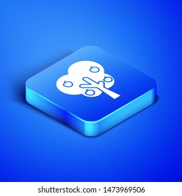 Isometric Tree with apple icon isolated on blue background. Agricultural plant. Organic farm product. Gardening theme. Blue square button. Vector Illustration