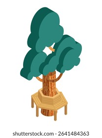 Isometric tree with bench - hand drawn vector illustration.