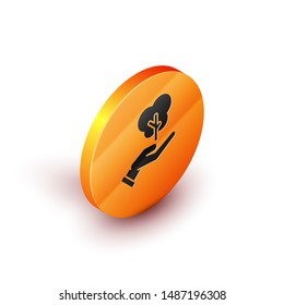 Isometric Tree in hand of environmental protection icon isolated on white background. Seed and seedling. Planting sapling. Ecology concept. Orange circle button. Vector Illustration