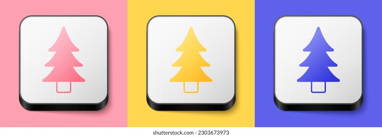 Icono de árbol isométrico aislado en fondo rosa, amarillo y azul. Símbolo de bosque. Botón cuadrado. Vector