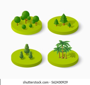 Isometric tree icon set, collection of dimensional wood nature objects sign designs on countryside landscape