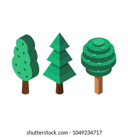 Isometric tree icons for infographic and maps. Different geometric trees in isometry style.