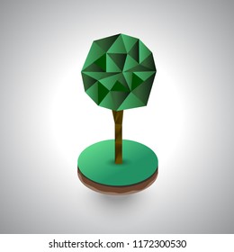 Isometric tree on the piece of the soil on the gray background