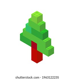 Isometric tree on a white background made of colored plastic blocks. The children s designer. Vector illustration.