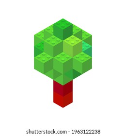 Árbol isométrico sobre un fondo blanco hecho de bloques de plástico de color. El diseñador infantil. Ilustración vectorial.