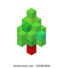 Isometric tree on a white background made of colored plastic blocks. The children s designer. Vector illustration.