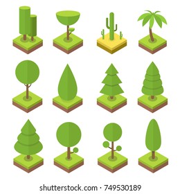 Isometric tree set. Big and small trees, pine, shrubs, felled trees, cacti, palms. Vector illustration.
