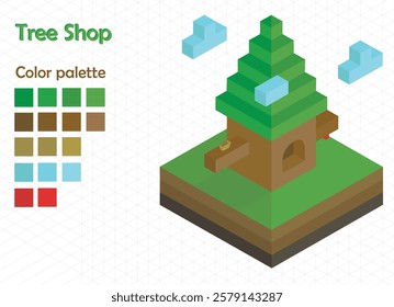 isometric tree shop with ground, cloud,color palete  and grid