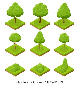 Isometric trees and bushes. Collection of trees isolated on white background. For infographics, game, and design