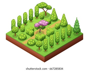 Isometric trees and bushes collection of isolated vector illustrations.