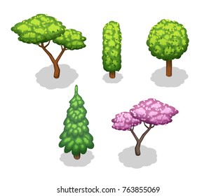 Isometric trees and bushes collection of isolated vector illustrations.