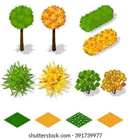 Isometric trees, bushes, grass, flowers. Summer green and Yellow autumn foliage. Ecology and landscaping. Nature of the planet. Vector illustration