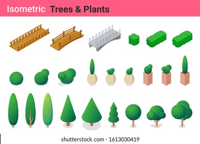 Isometric Trees Bushes And Plants With Bridge Flat Vector Collection.