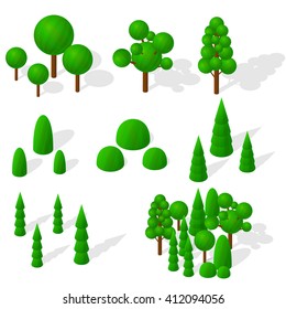 Isometric trees, firs and shrubs. The green vegetation. Round deciduous trees. The ecology of the planet. Mixed forest. Trees with shadow. Vector illustration.