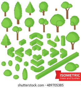Isometric trees, hedge and bushes set. City, park and outdoor plants. Vector illustration