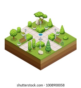 Isometric trees and park objects collection. Isolated vector illustrations.