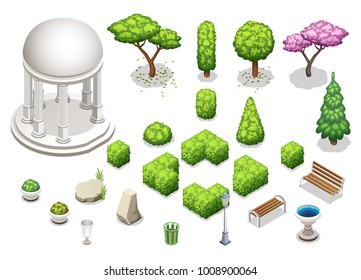 Isometric trees and park objects collection. Isolated vector illustrations.