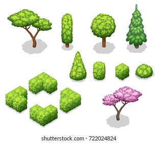 Isometric trees and park objects collection. Isolated vector illustrations.