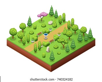 Isometric trees and park objects collection. Isolated vector illustrations.