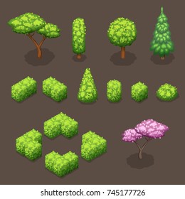 Isometric trees and park objects collection. Isolated vector illustrations.