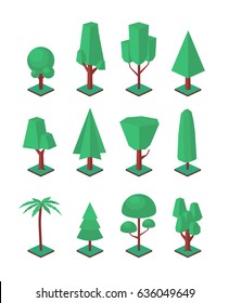 Isometric trees set. Vector objects for landscape construction kit. Simple shape 3d nature elements collection.