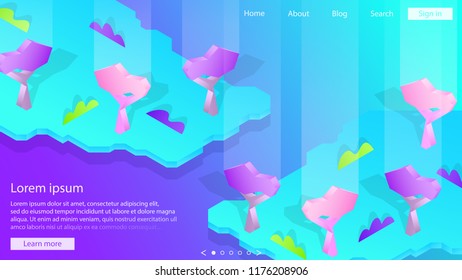 Isometric trees. Web design. Semi flat background. Plant. Nature. Ecology. Simple isometry. Minimal. Webpage template. Modern backdrop. Trendy colors. Futuristic illustration.