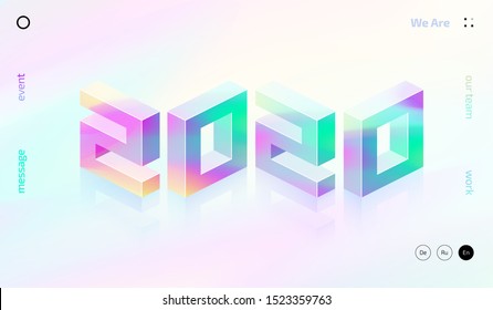 Isometric trendy 2020 New Year numbers illustration. Magic colorful gradient